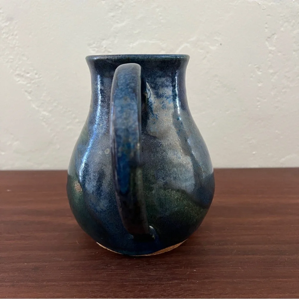 Mid century signed Wabi sabi studio pottery blue green stoneware pitcher vase